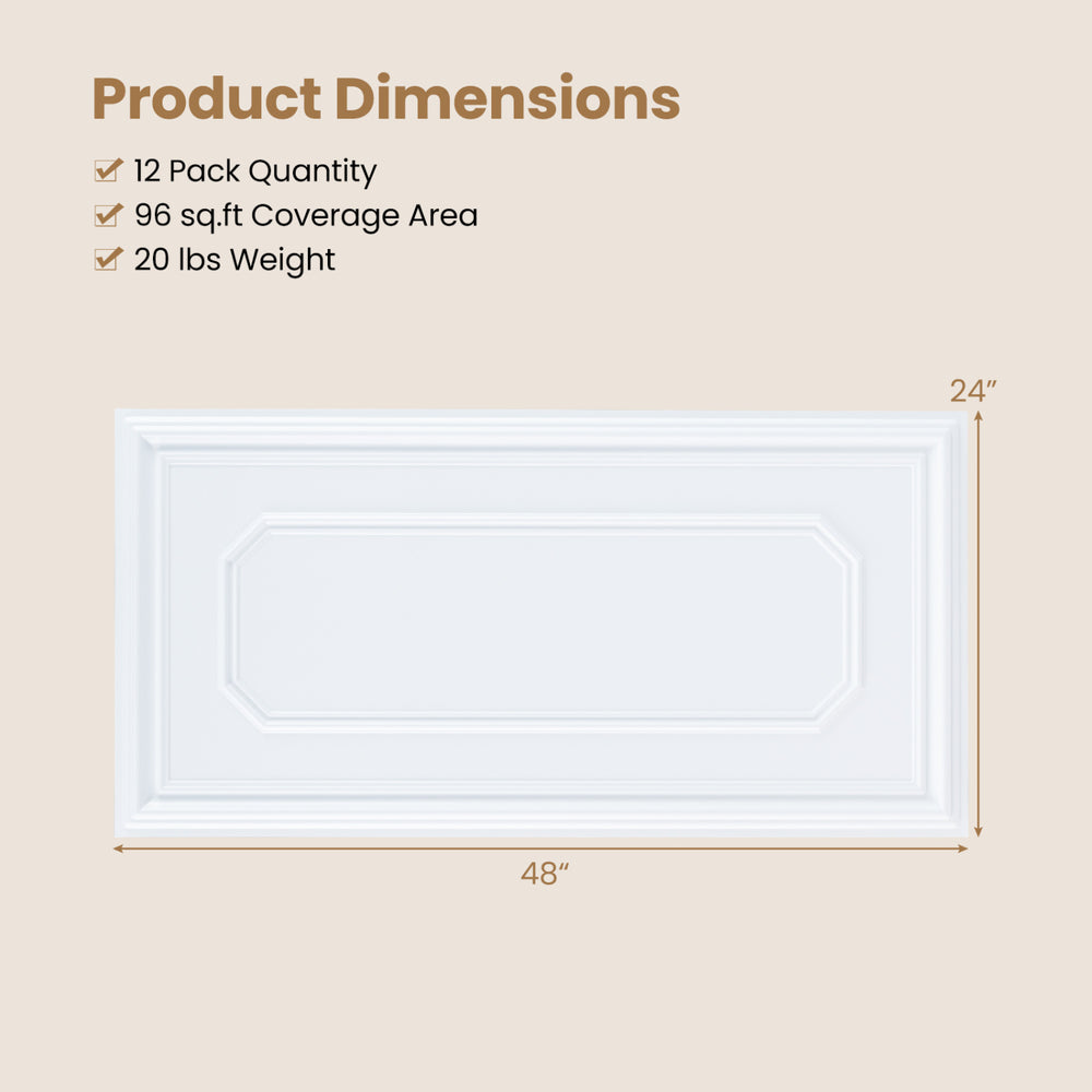 Decorative PVC ceiling panel dimensions: 48” x 24”, 12 pack, lightweight for easy installation in various rooms.
