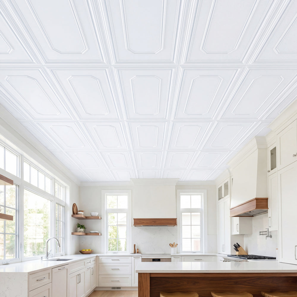 Decorative PVC ceiling tiles in a 3D design, ideal for easy installation and customization in various interior spaces.