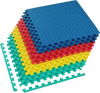 Colorful interlocking flooring mats in blue, red, yellow, and green, ideal for gym or playroom with anti-slip surface.