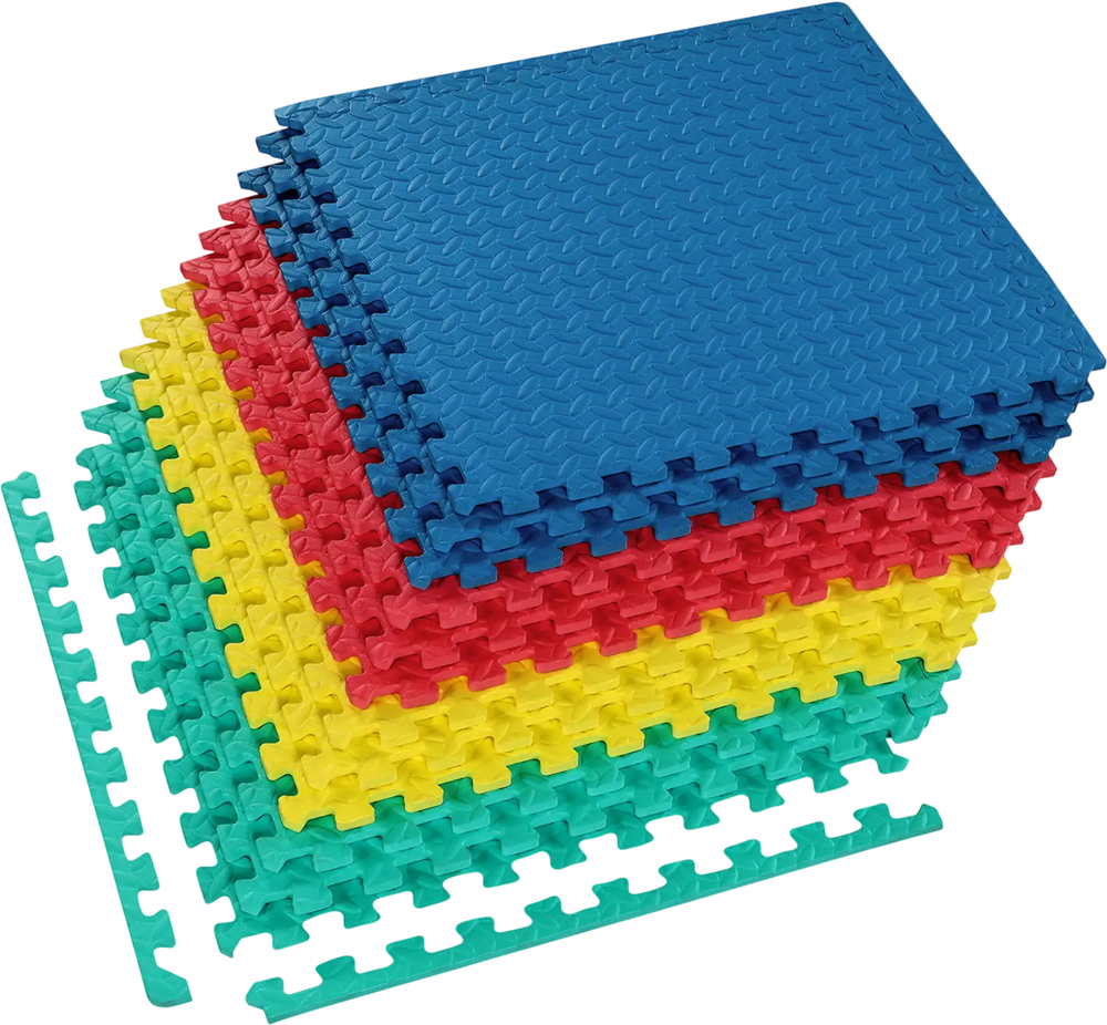 Colorful interlocking flooring mats in blue, red, yellow, and green, ideal for gym or playroom with anti-slip surface.