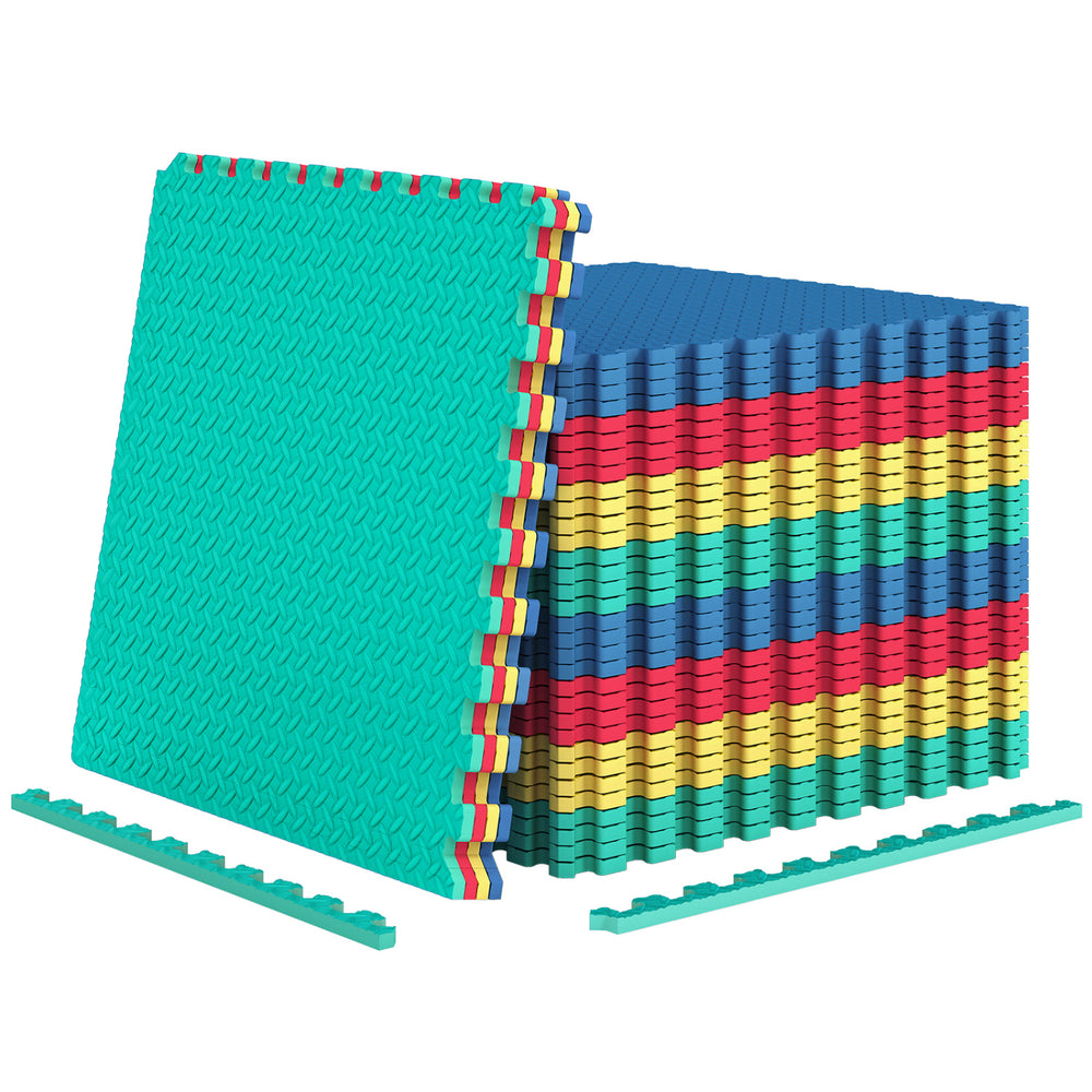 Colorful 12-piece interlocking flooring mat set with anti-slip, waterproof surface for gym or playroom use.