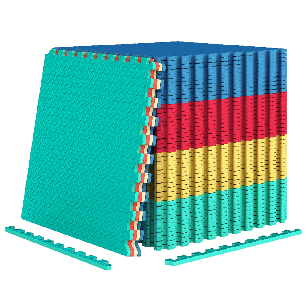 Colorful 12-piece interlocking flooring mat set made of durable EVA foam, ideal for gym, playroom, or pet area.