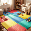Colorful 12-piece interlocking flooring mat in red, blue, yellow, and green, ideal for playrooms and safe for kids.