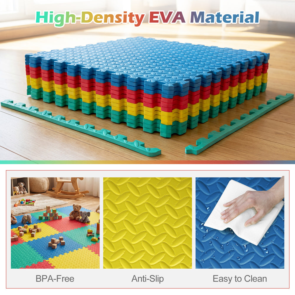 Colorful interlocking flooring mat made of high-density EVA material, ideal for gym or playroom use, easy to clean.