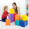 Colorful soft foam building blocks set for kids, featuring 12 cubes in vibrant colors for imaginative play and motor.