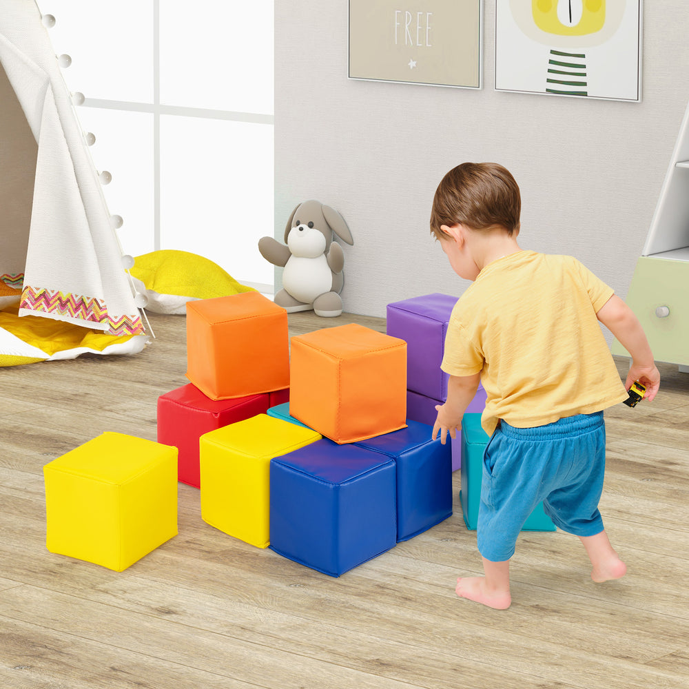 Colorful soft foam building blocks set for kids, featuring 12 cubes for imaginative play and motor skill development.