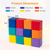Multicolor soft foam building blocks set showing dimensions, ideal for kids' imaginative play and motor skill.
