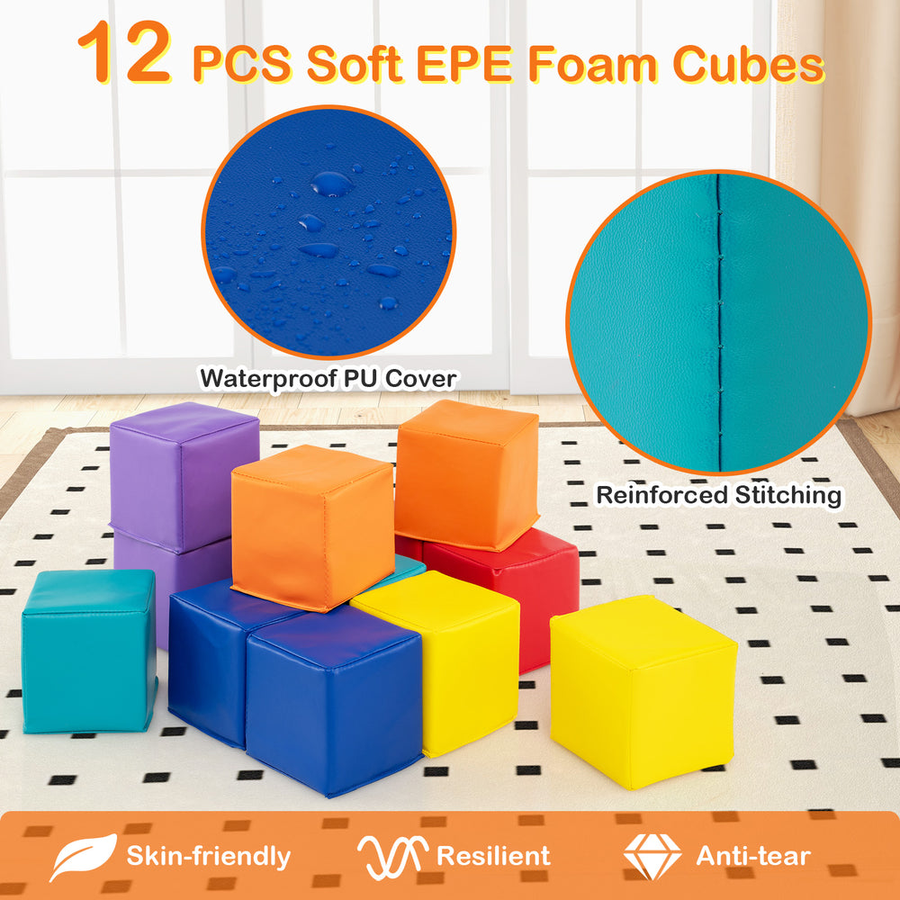 Colorful set of 12 soft foam cubes with waterproof PU cover, ideal for kids' imaginative play and motor skill.