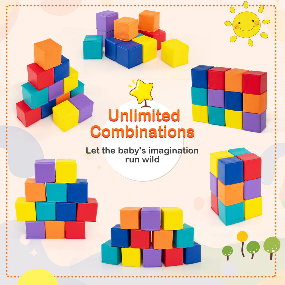 Colorful 12-piece soft foam building blocks set for kids, promoting imagination and motor skills in various play.