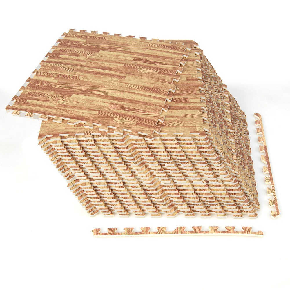 Stack of 12 wood grain foam floor mats with 24 borders, covering 48 square feet, ideal for indoor activities and.