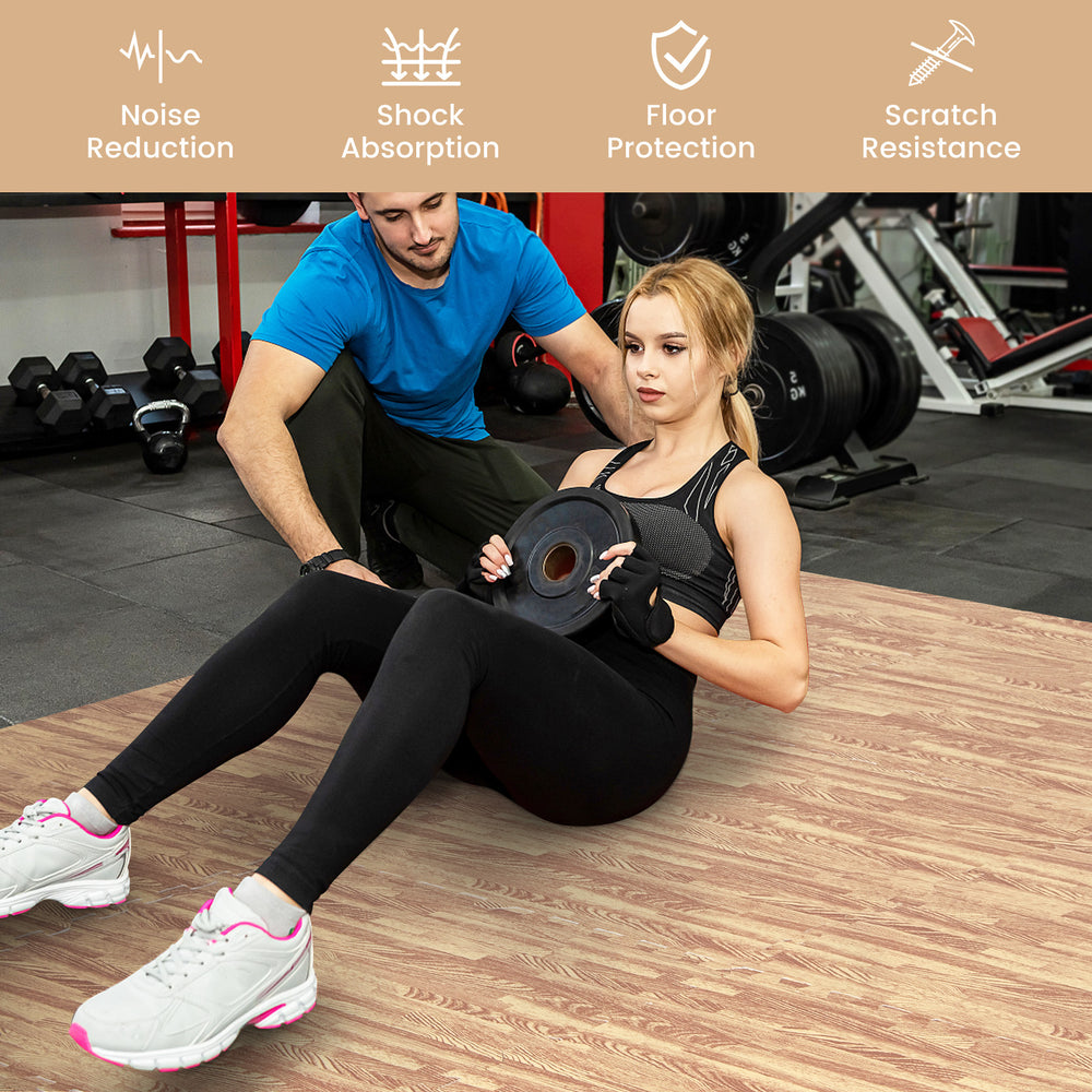 Wood grain foam floor mats with borders, ideal for fitness and indoor activities, covering 48 square feet of space.