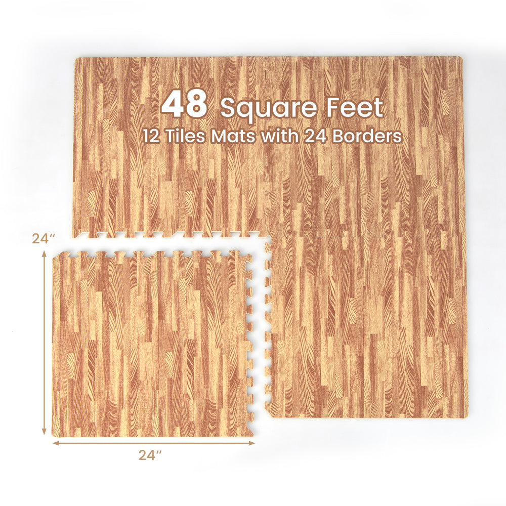 12 wood grain foam floor tiles with borders covering 48 square feet, ideal for fitness and indoor activities.