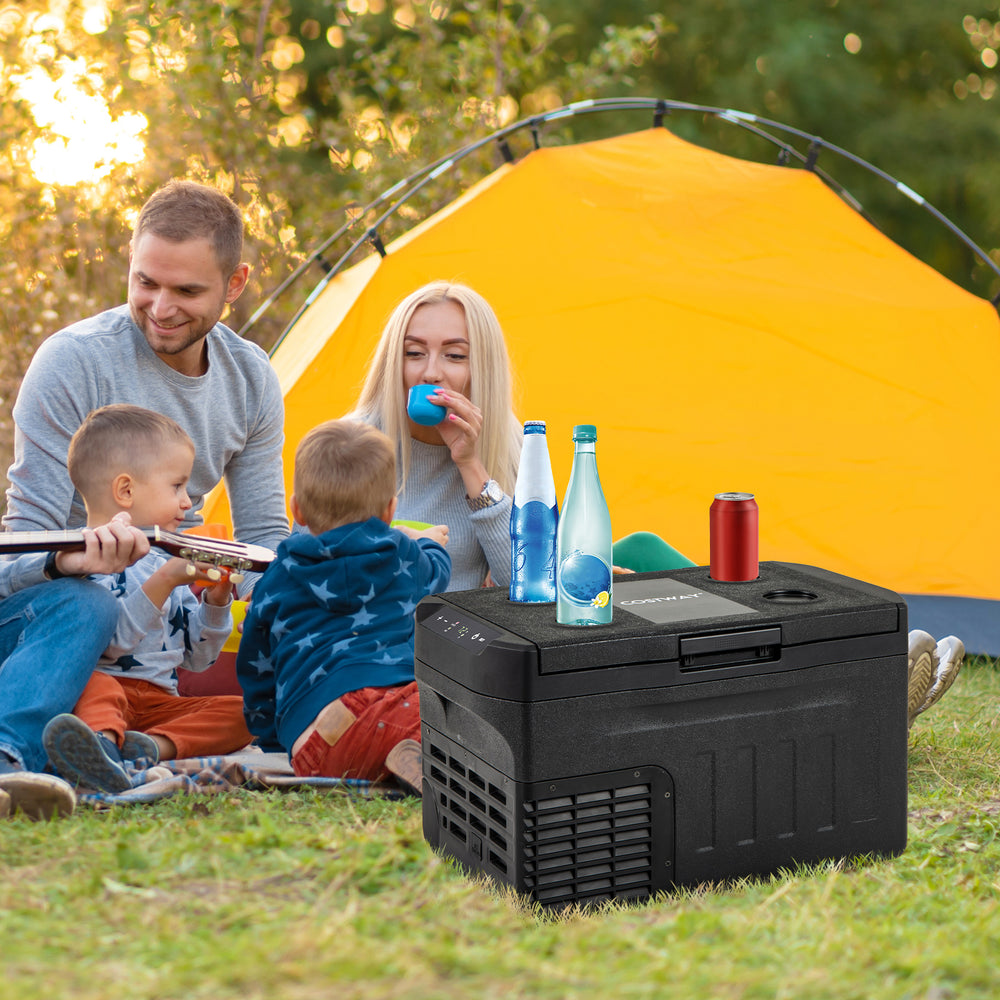 Portable 12V car refrigerator with touch panel, 23QT capacity, and removable divider, perfect for outdoor camping.