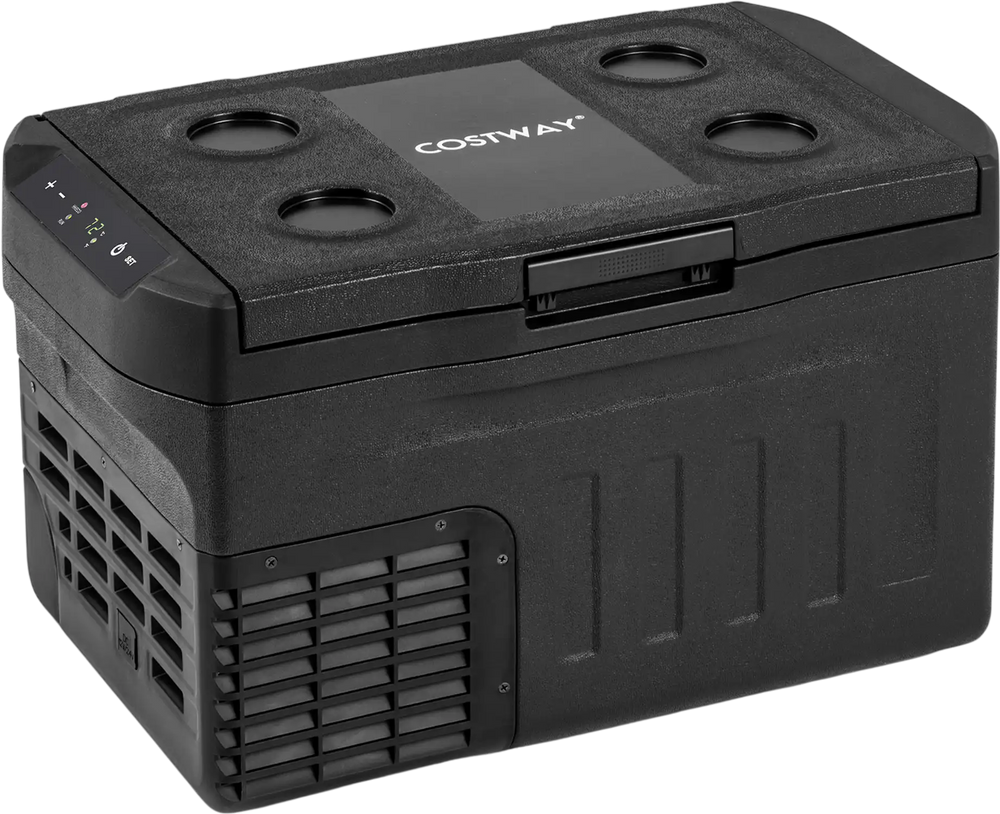 Portable 12V car refrigerator with touch panel, 23QT capacity, removable divider, and LED lights for easy organization.