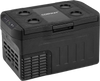 Portable 12V car refrigerator with touch panel, 23QT capacity, removable divider, and LED lights for easy organization.