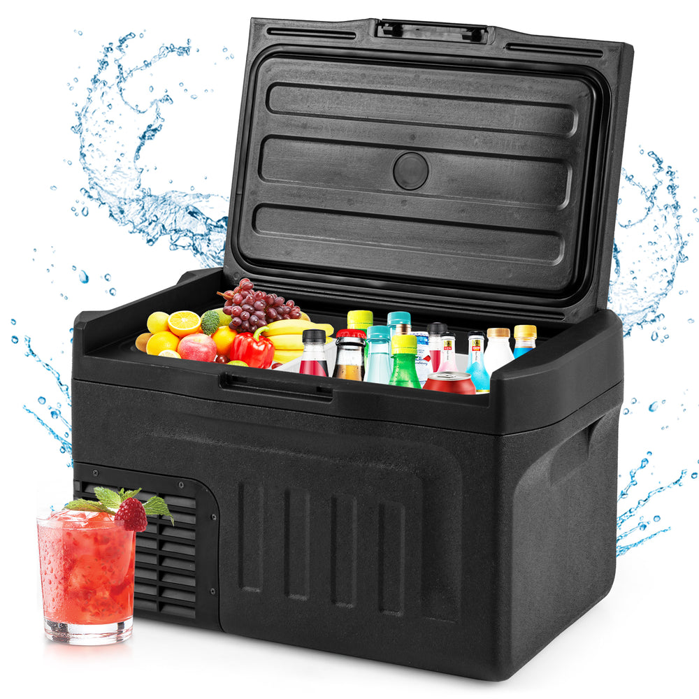 Portable 12V car refrigerator with 23QT capacity, removable divider, and touch panel, ideal for outdoor use.