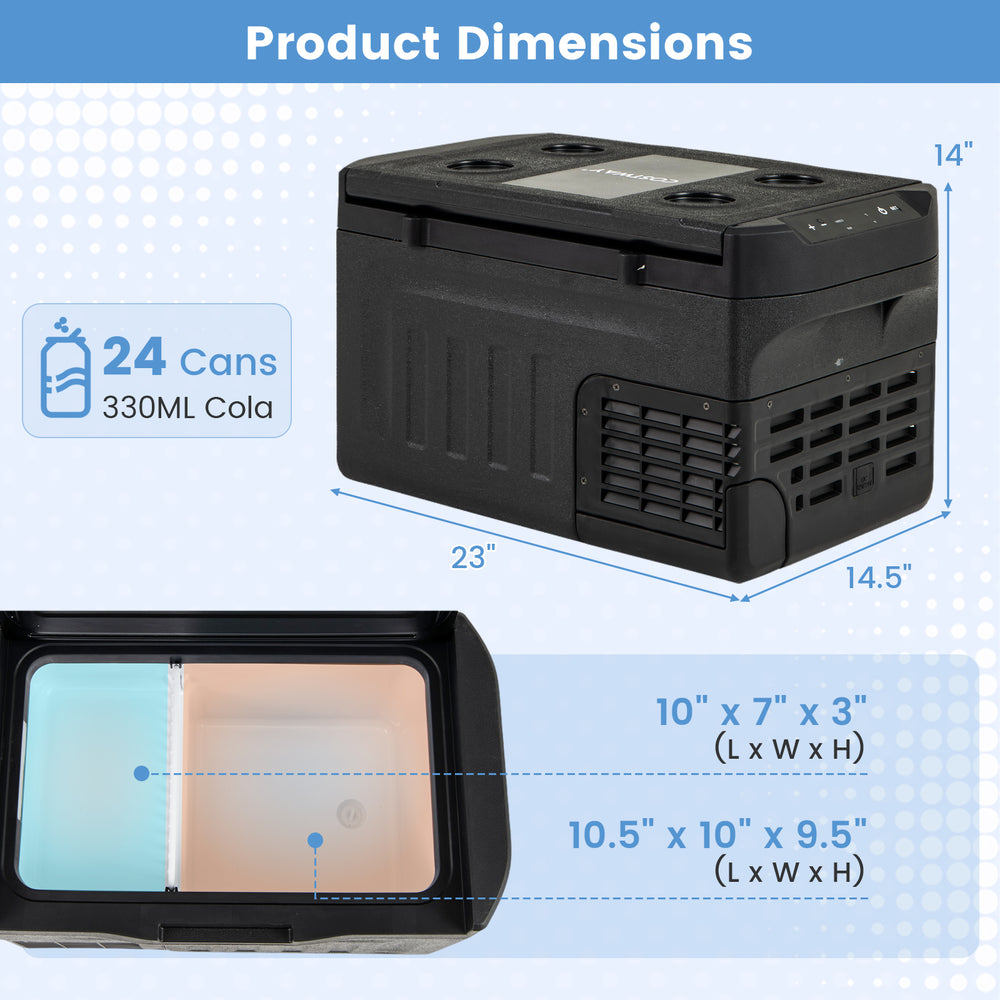 Portable 12V car refrigerator with touch panel, 23QT capacity, removable divider, and dimensions for 24 cans of cola.