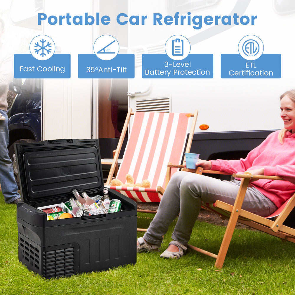 Portable 12V car refrigerator with removable divider, 23QT capacity, and touch panel, perfect for outdoor use.