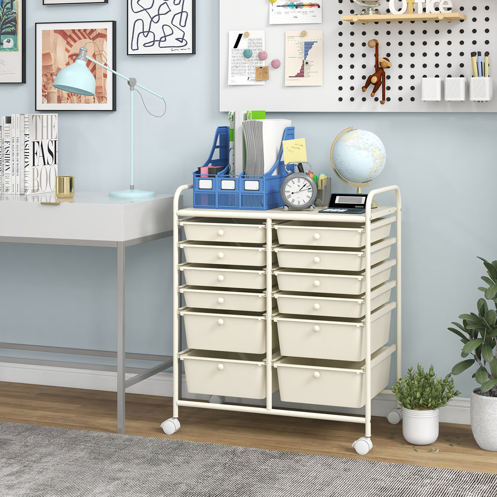 12-Drawer Rolling Storage Cart with Removable Drawers and Lockable Wheels-Beige - Gallery View 1 of 11