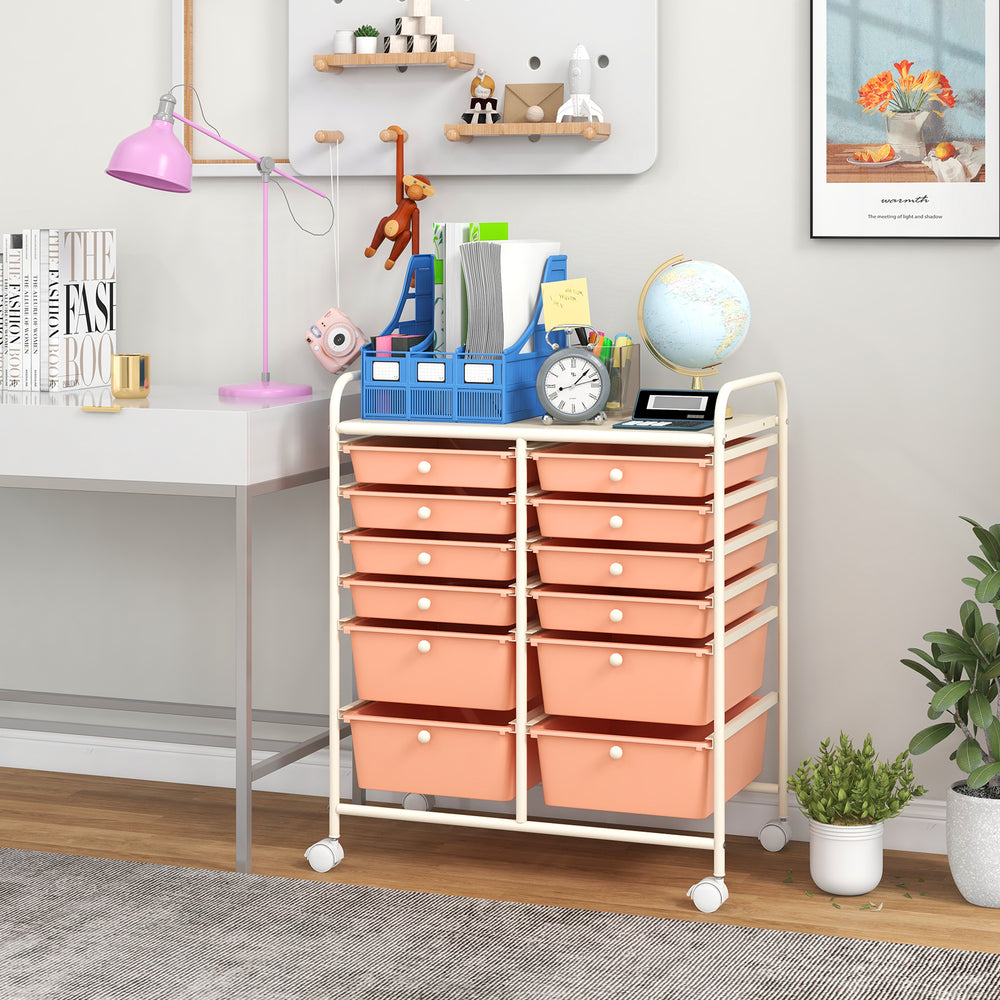 12-Drawer Rolling Storage Cart with Removable Drawers and Lockable Wheels-Peach - Gallery View 1 of 11