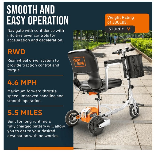 Super Handy GCAT021 Folding Mobility Scooter Plus with 3-Wheels Long Range 48V Brushless Motor and Extra Battery New Canada Only