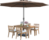 12-foot coffee patio umbrella with crank handle, 8 sturdy ribs, providing shade for outdoor dining on a terrace.