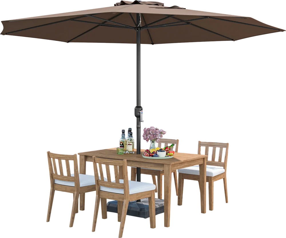 12-foot coffee patio umbrella with crank handle, 8 sturdy ribs, providing shade for outdoor dining on a terrace.