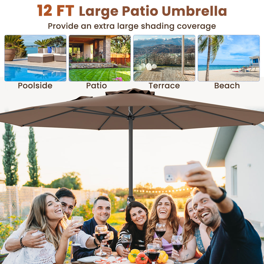 12 ft coffee patio umbrella with crank handle, 8 sturdy ribs, ideal for poolside and outdoor shading.