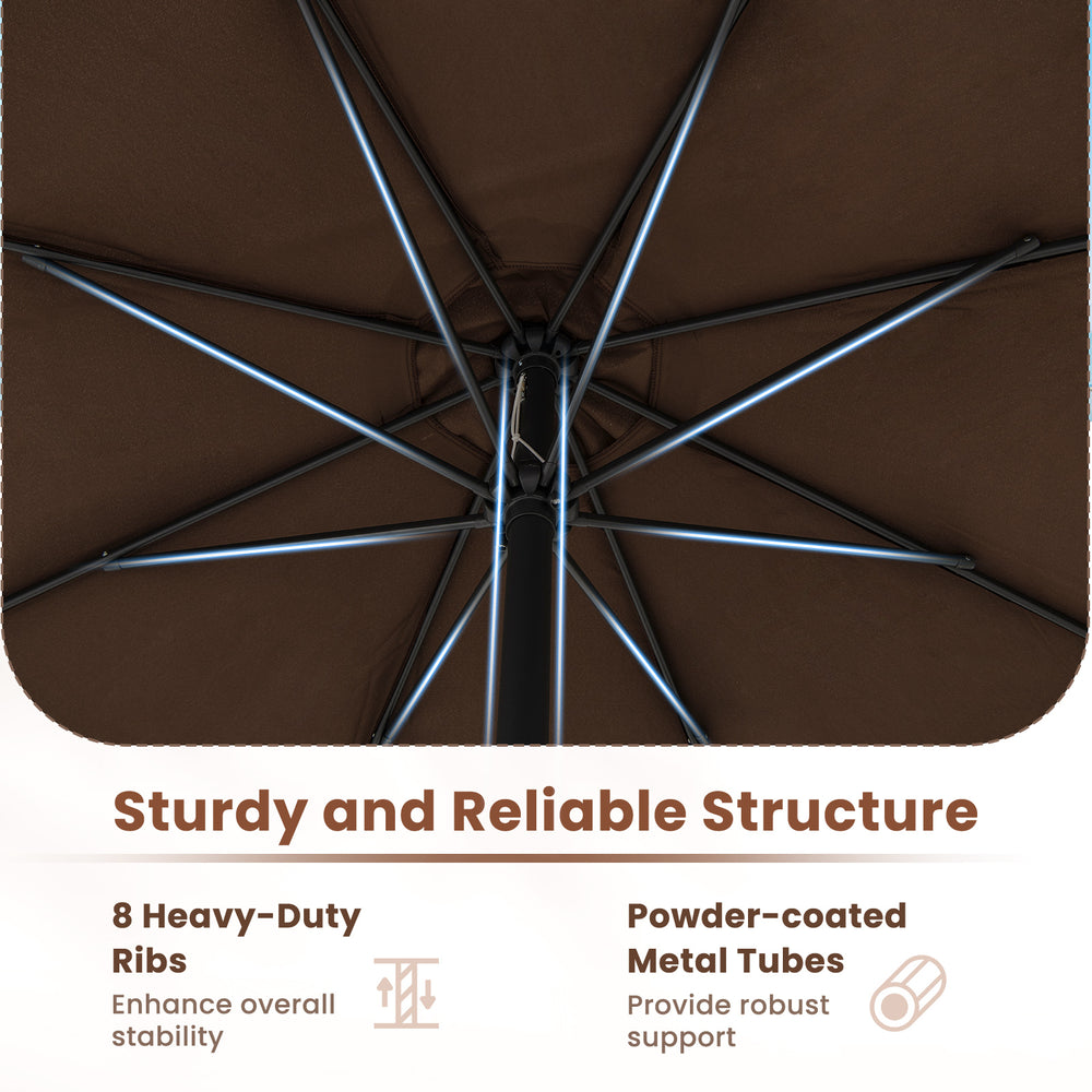 Close-up of the 12 feet patio umbrella's sturdy structure with 8 heavy-duty ribs and powder-coated metal tubes for.