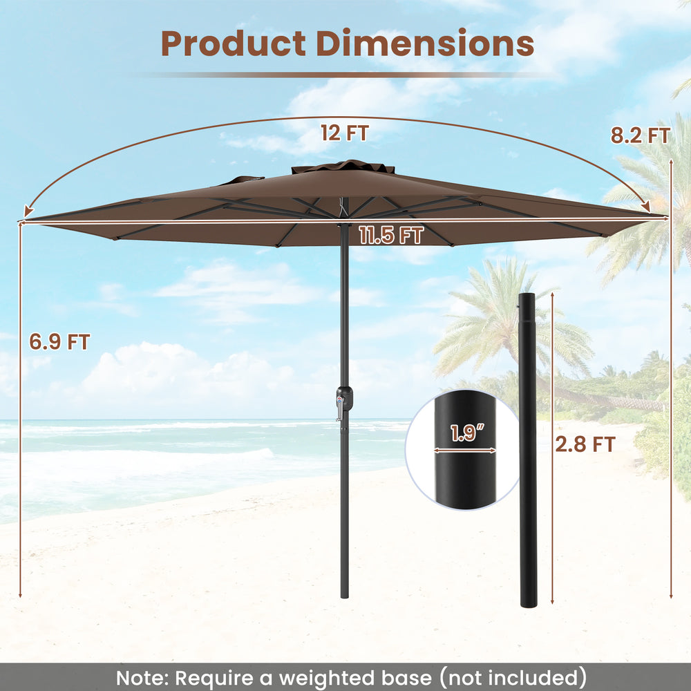 12 ft coffee patio umbrella with crank handle, 8 sturdy ribs, and dimensions for optimal shading at poolsides or patios.