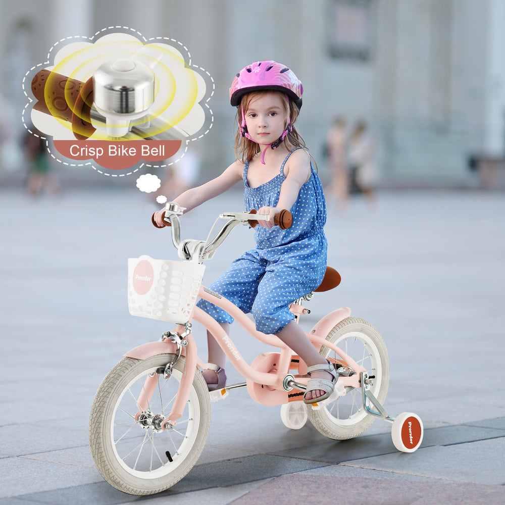 12-inch kids bike with training wheels, pink color, featuring a removable basket and adjustable seat for ages 3-8.