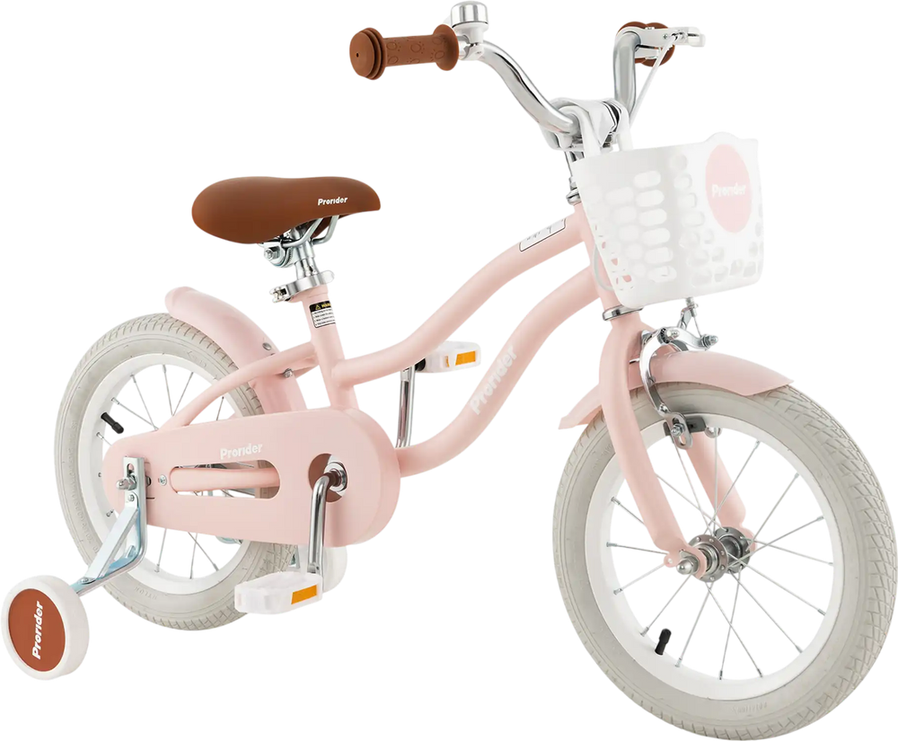 12-inch kids bike in pink with training wheels, adjustable seat, and removable basket for ages 3-8 years.