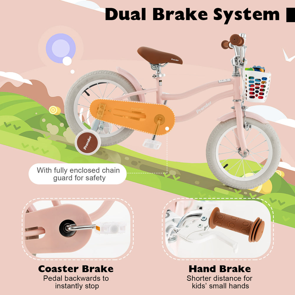12-inch kids bike with training wheels, featuring a removable basket, dual brake system, and adjustable seat for safety.
