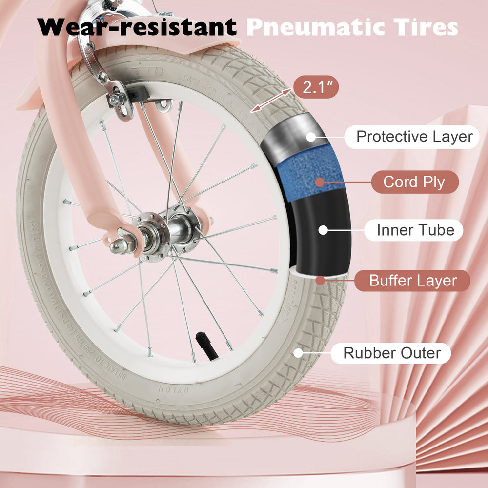 Close-up of the 12-inch kids bike's wear-resistant pneumatic tire, featuring a durable rubber outer for smooth riding.