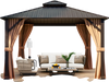 Double-roof patio gazebo with galvanized steel roof, curtains, and netting, perfect for outdoor relaxation.