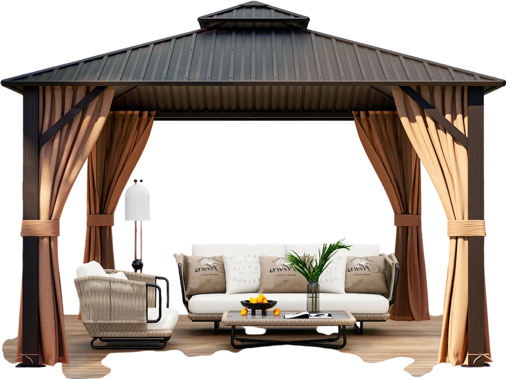 Double-roof patio gazebo with galvanized steel roof, curtains, and netting, perfect for outdoor relaxation.