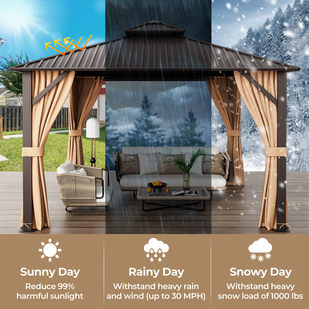 12x12 feet double-roof patio hardtop gazebo in coffee with weather-resistant galvanized steel roof and detachable.