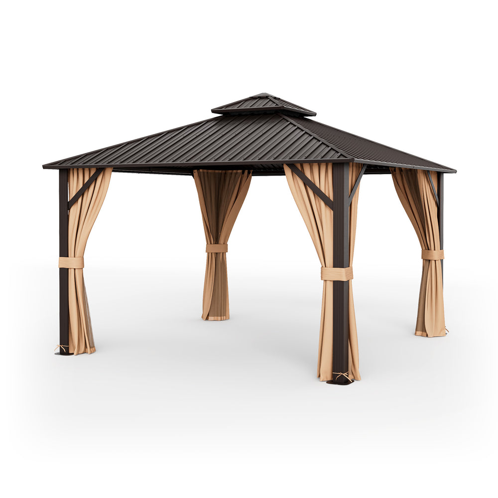 12x12 feet double-roof patio hardtop gazebo with galvanized steel roof and curtains, ideal for outdoor gatherings.