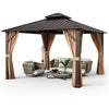 Double-roof patio gazebo with galvanized steel roof, curtains, and seating area for outdoor relaxation and comfort.
