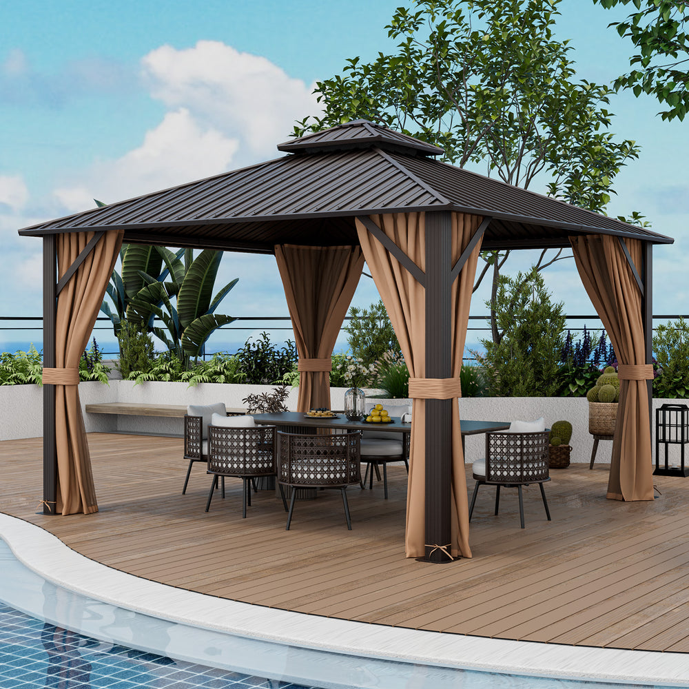 12x12 feet patio gazebo featuring a spacious seating area with elegant curtains and a durable galvanized steel roof.