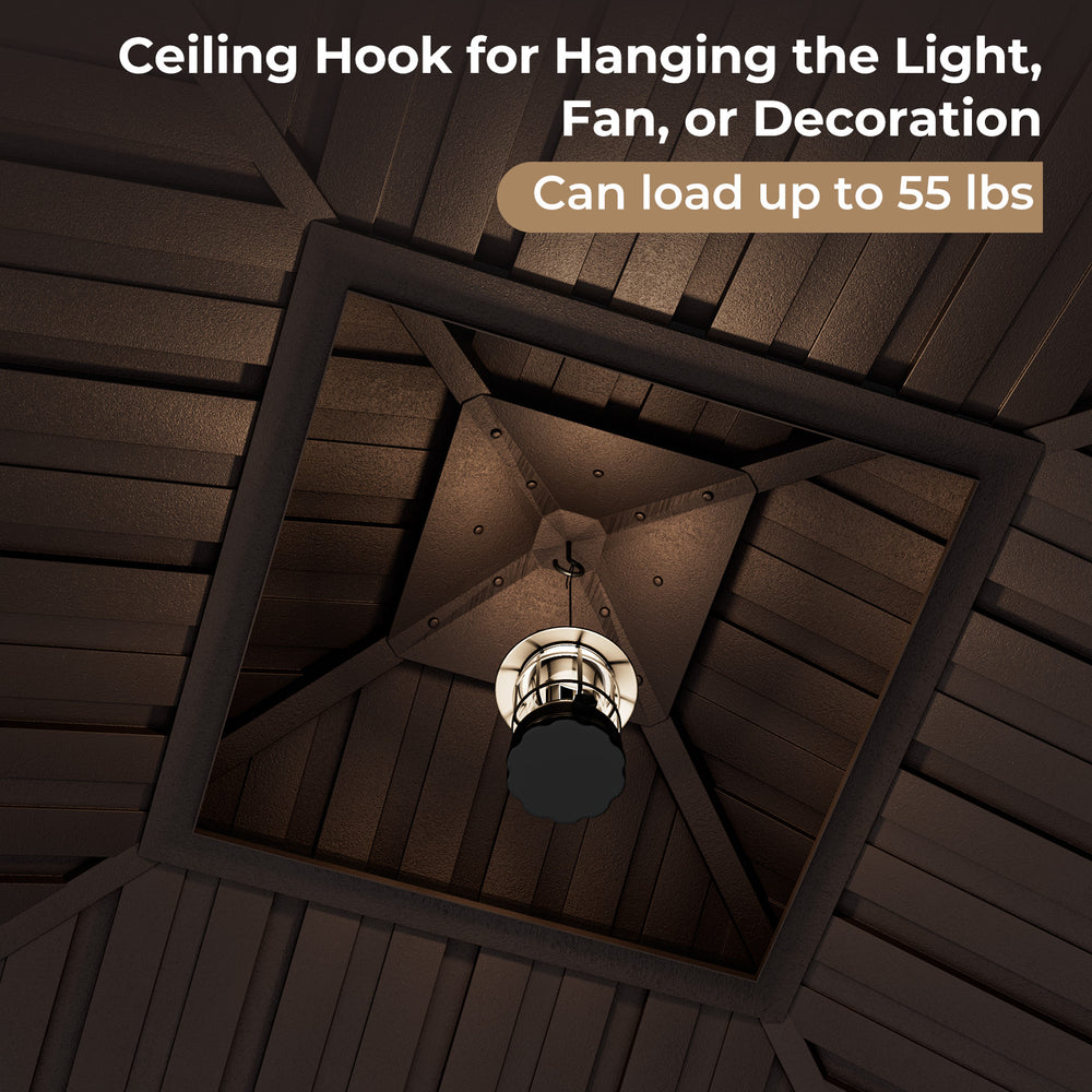 Ceiling hook for hanging lights or fans in a 12x12 feet double-roof patio gazebo with galvanized steel roof.