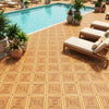 Acacia wood interlocking deck tiles arranged around a pool, showcasing a waterproof design for outdoor use.