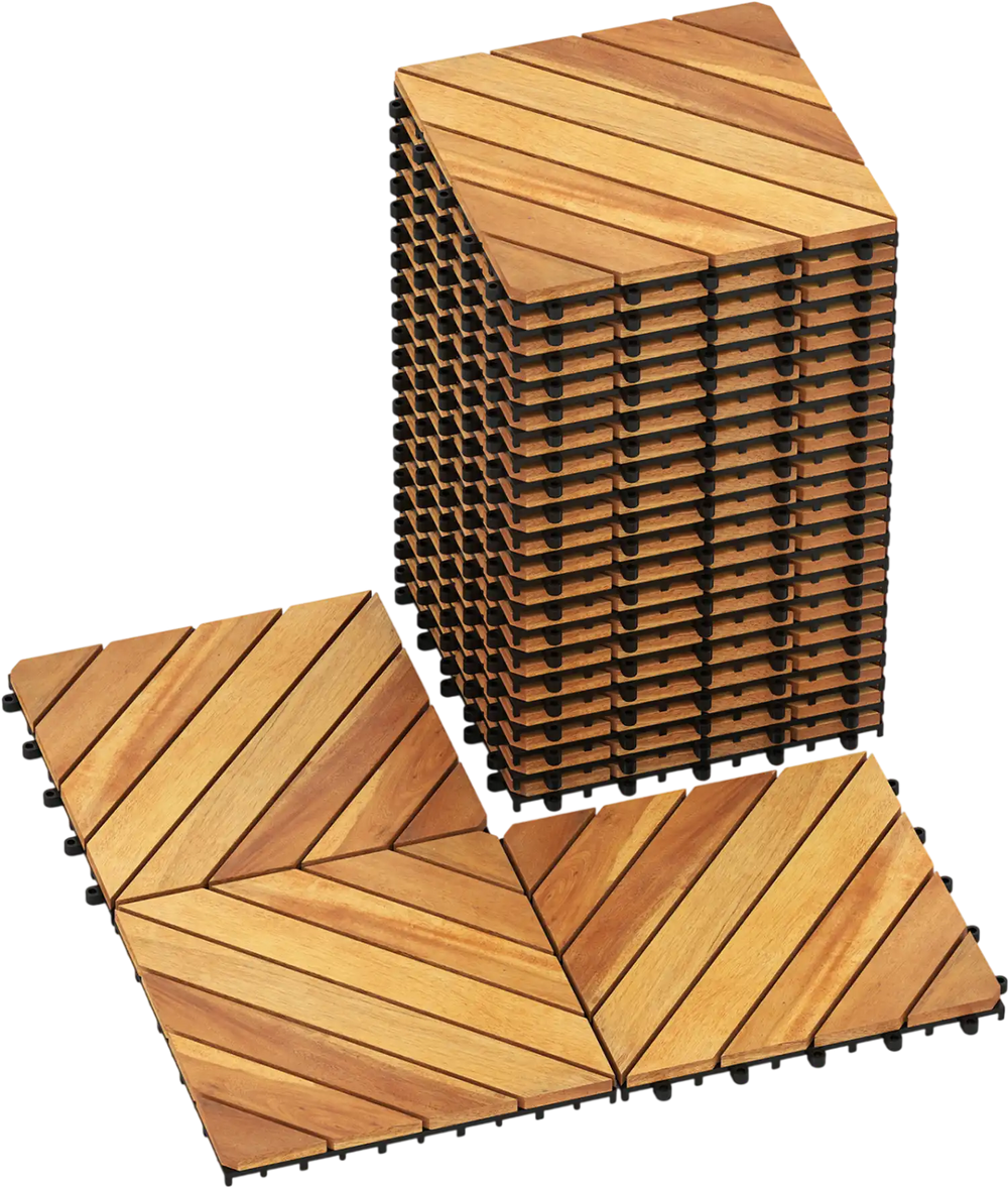 Acacia wood interlocking deck tiles, 12 x 12 inch, waterproof design, stacked and arranged for outdoor flooring.