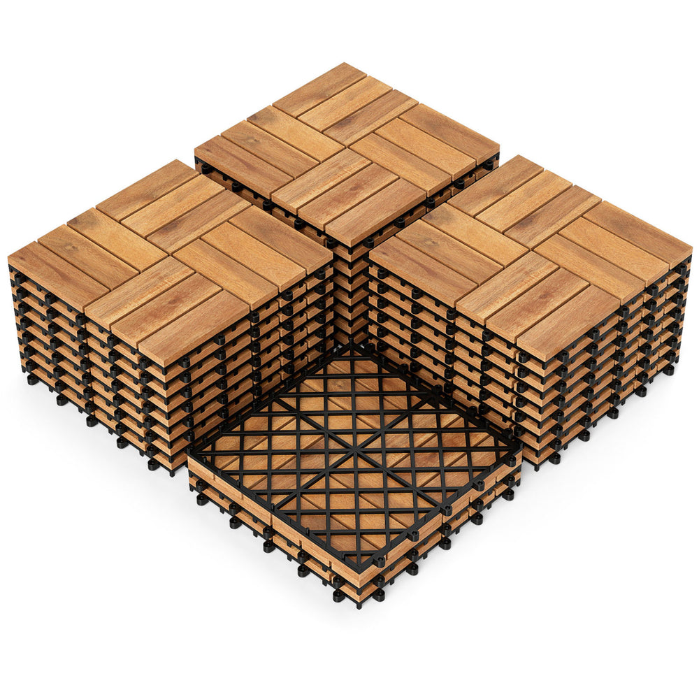 Acacia wood interlocking deck tiles in natural finish, 12 x 12 inches, waterproof design, ideal for outdoor flooring.