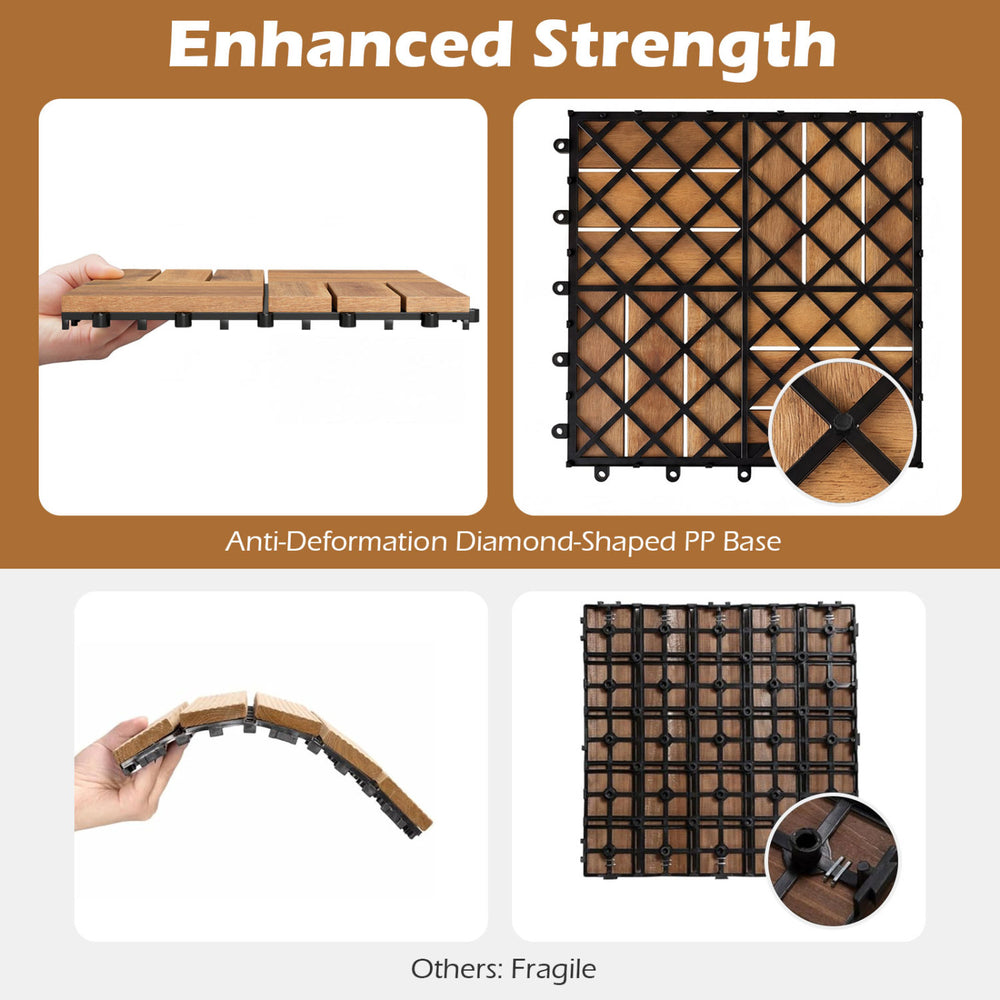 Acacia wood interlocking deck tiles showcasing enhanced strength and waterproof design, ideal for outdoor flooring.