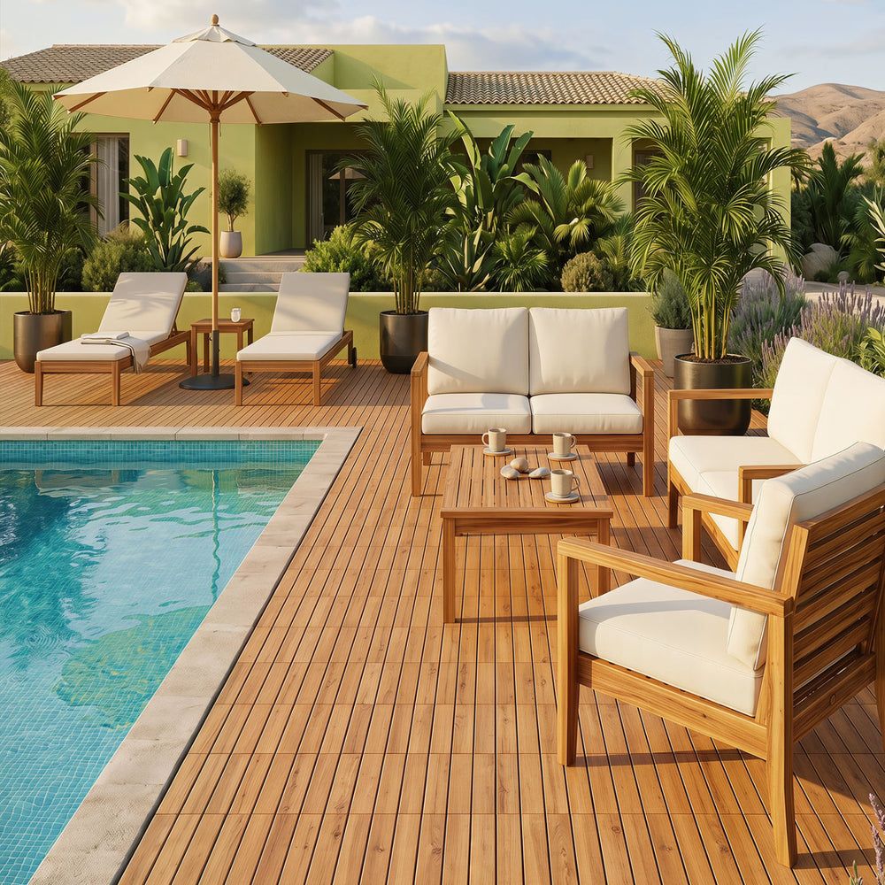 Acacia wood interlocking deck tiles arranged around a pool, showcasing natural beauty and waterproof design for outdoor.