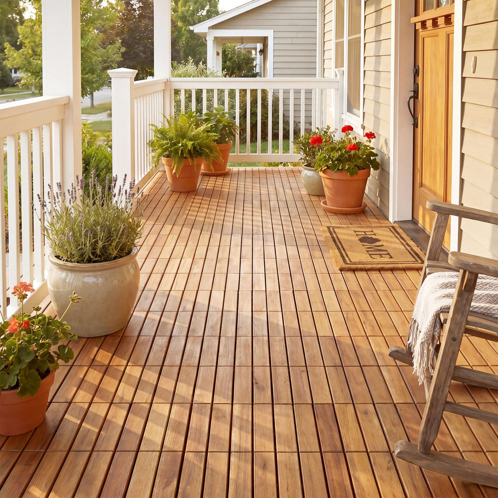 Acacia wood interlocking deck tiles arranged on a porch, ideal for outdoor use on patios and balconies.