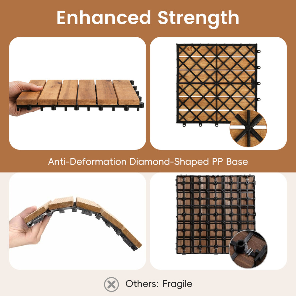 Acacia wood interlocking deck tiles with anti-deformation PP base, ideal for outdoor patios and balconies.