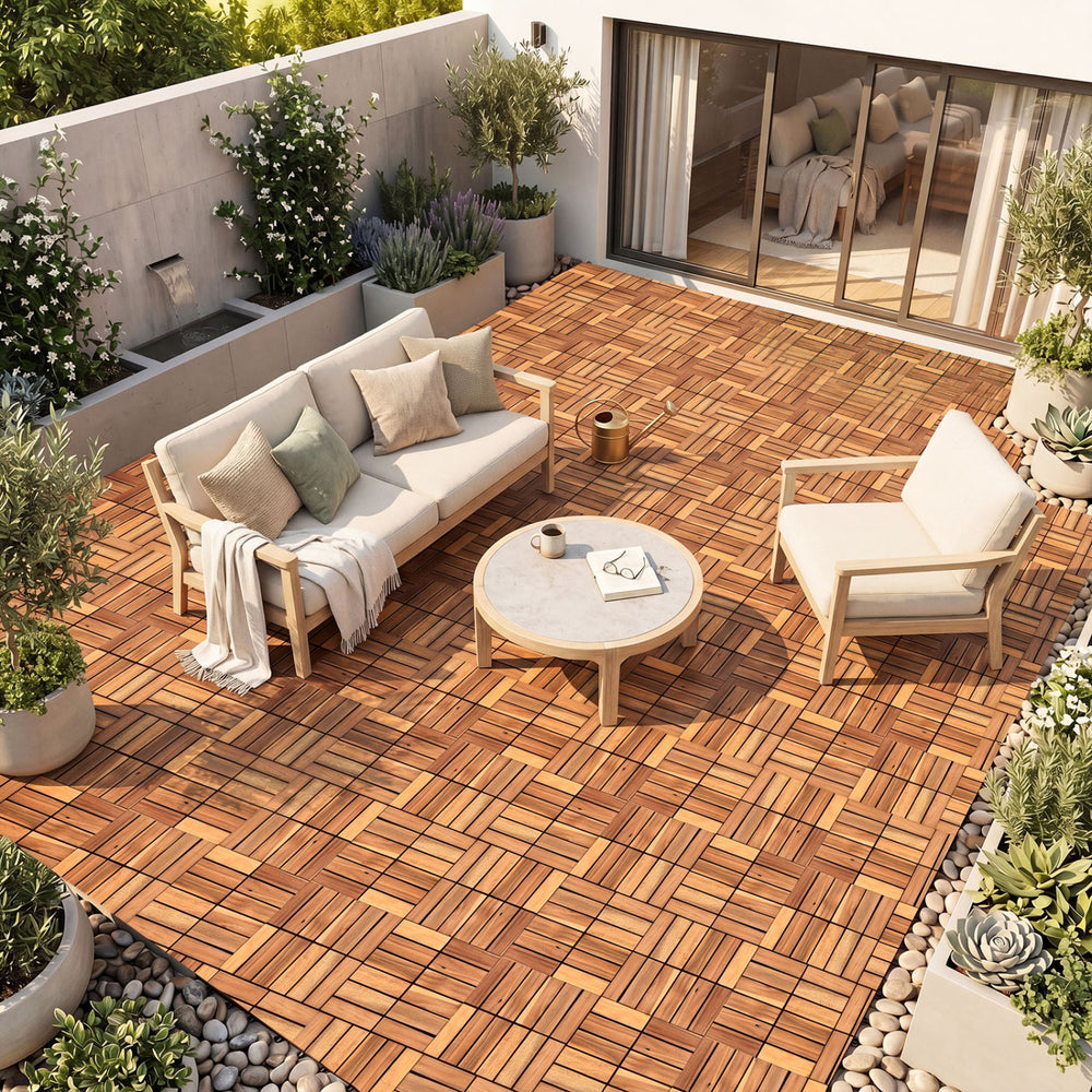 Acacia wood interlocking deck tiles in a natural finish create a stylish outdoor patio space for relaxation and gatherings.