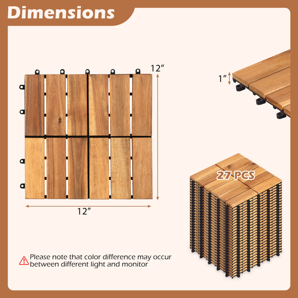 Acacia wood interlocking deck tiles, 12 x 12 inches, ideal for outdoor use on patios, balconies, or poolside areas.
